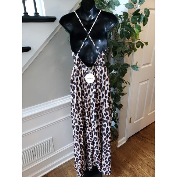 SHEIN Long Maxi Dress Womens Size 2 Black & Beige Leopard Plunge Neck Sleeveless - Picture 9 of 16